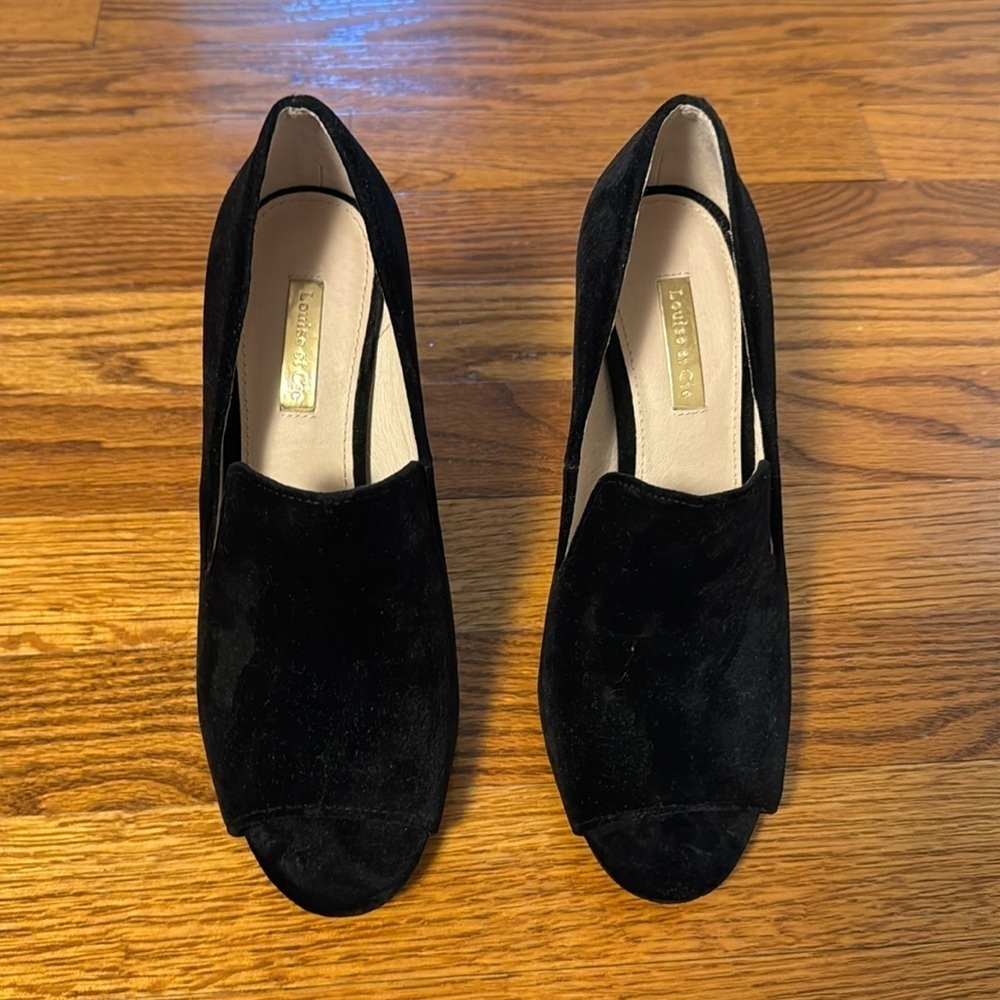 Black Velour Open Toe Pumps